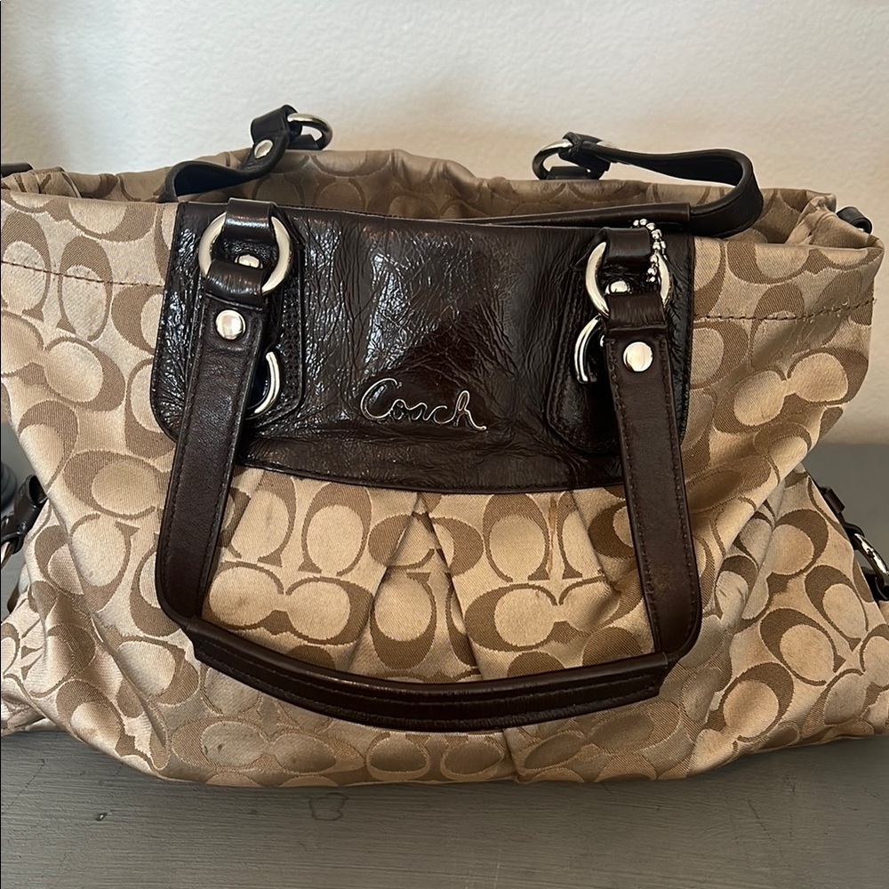 Coach Tan and Brown Shoulder Bag with Signature Monogram